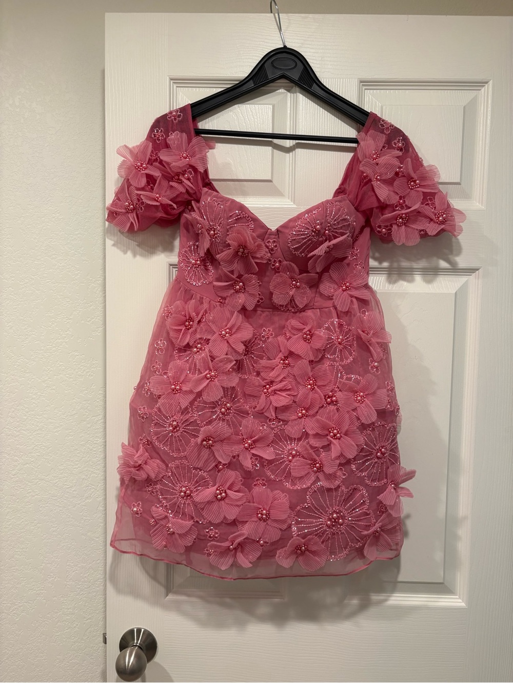 ASOS Pink 3D Floral Appliqué Puff Sleeve Formal Dress